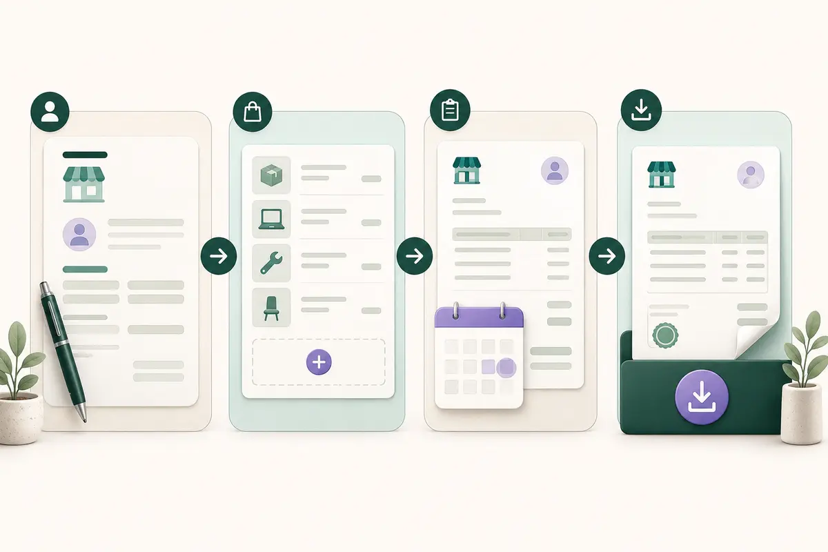 Four-step workflow for creating a professional small-business invoice