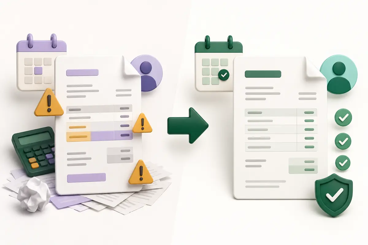 Before-and-after invoice review showing errors corrected before sending