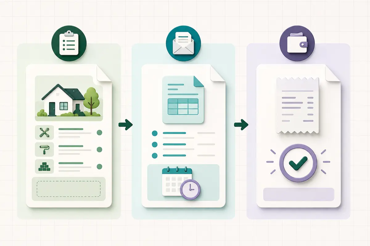 Visual comparison of a quote, invoice, and payment receipt